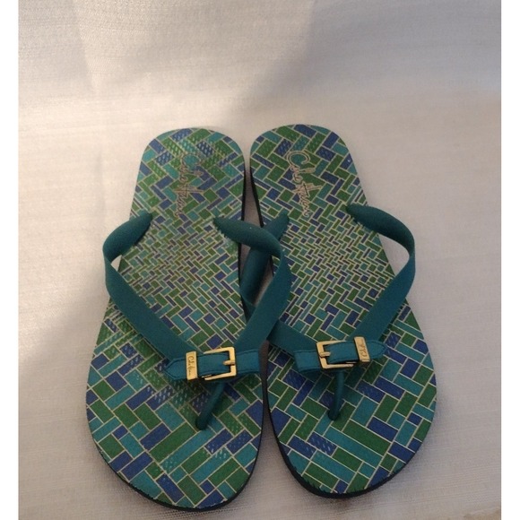 Cole Haan Shoes - Cole Haan Womens Green Geometric Gold Buckle Flip Flop Sandals -Size 9